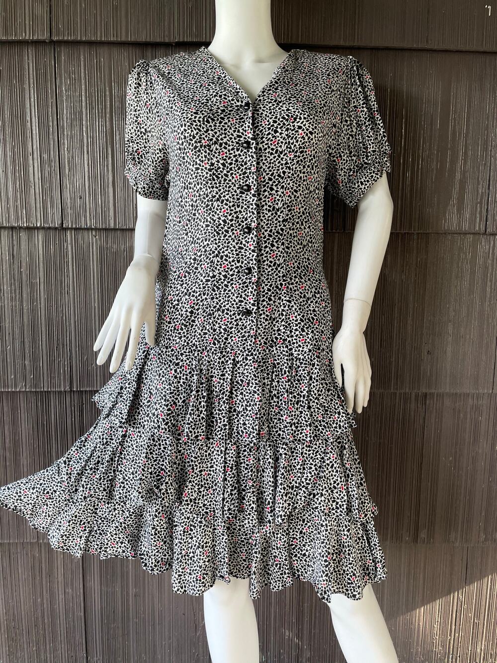 🔥Vintage 90s Abstract Print Drop Waist Ruffled Tiered Dress Cottage Feminine